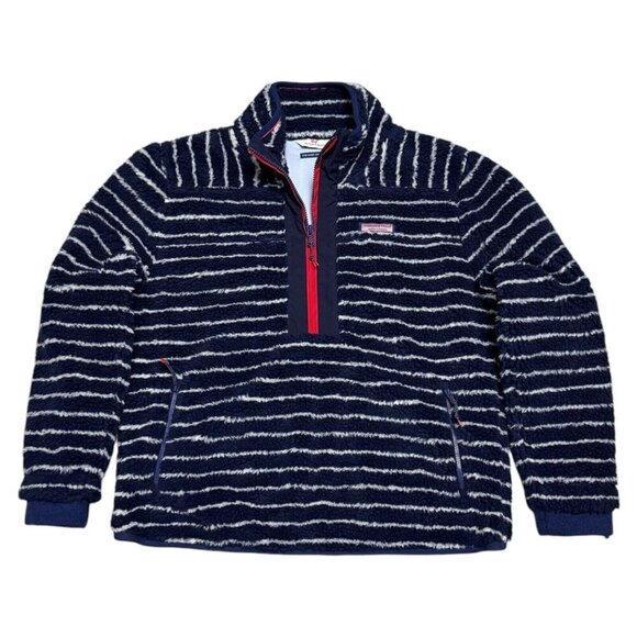 Vineyard Vines SHERPA The Shep Shirt Striped Fleece Blue Jacket Womens Medium - Picture 1 of 6